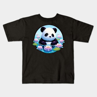 Cute Anime Panda Bear Bath With Water Lily Kids T-Shirt